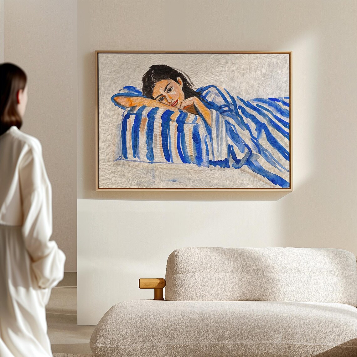 Woman Lounging Under Blue Striped Blanket Watercolor Portrait Poster - Image 3