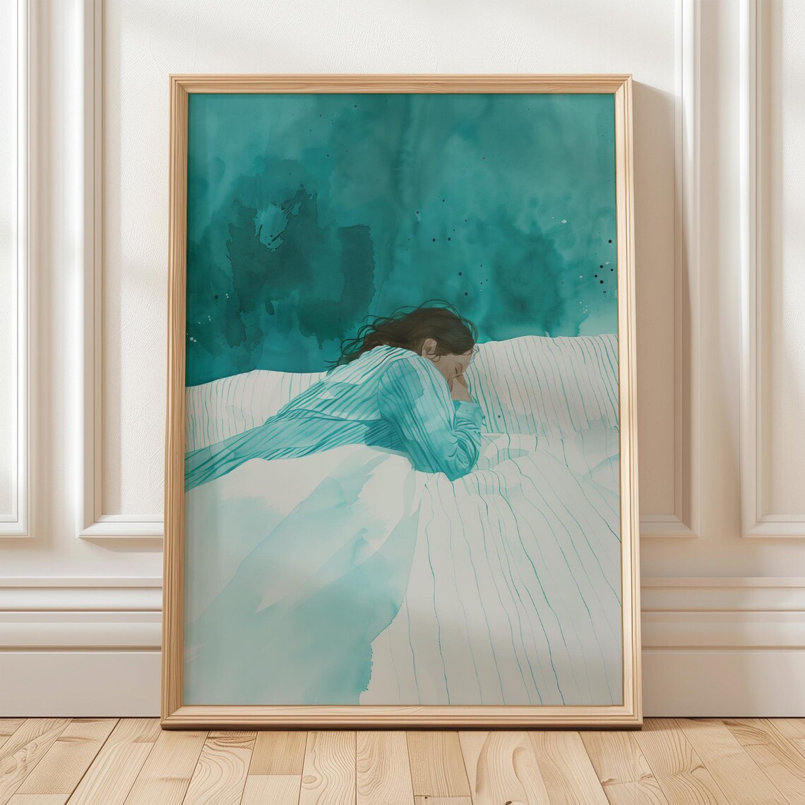 Woman Asleep on Teal Watercolor Bed Soft Dreamy Bedroom Poster