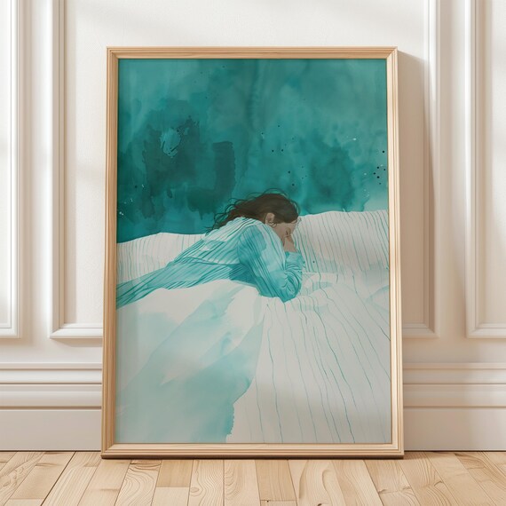 Woman Asleep on Teal Watercolor Bed Soft Dreamy Bedroom Poster