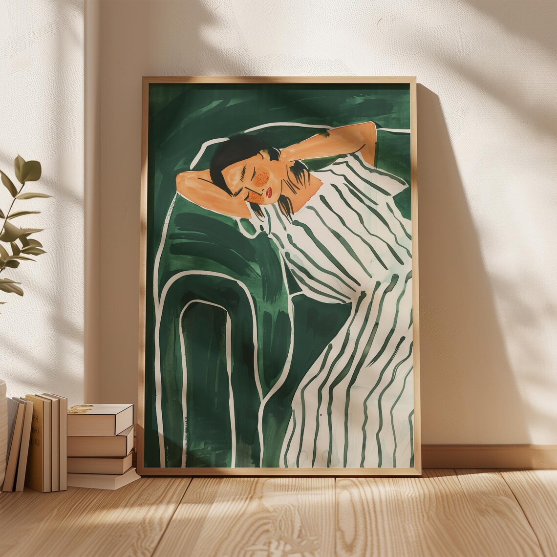 Sleeping Woman in Striped Dress on Deep Emerald Green Art Poster - Image 4
