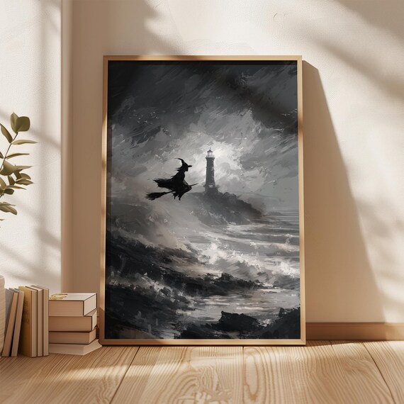 Dark Witch Flying Over Stormy Sea With Lighthouse Black And White Halloween Wall Art Spooky Ocean Night Coastal Gothic Print