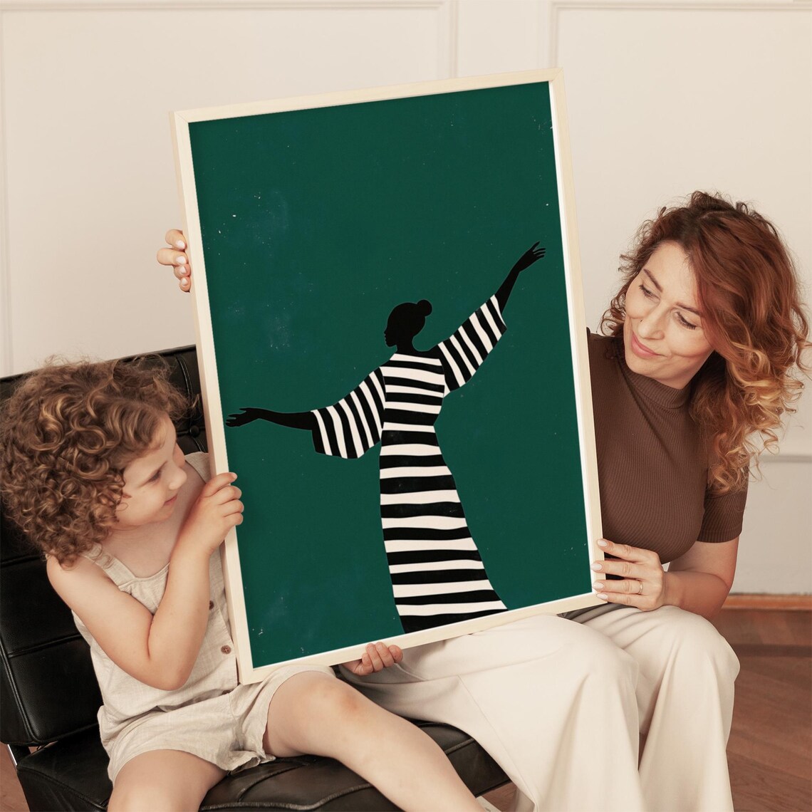 Woman with Arms Raised Striped Dress Emerald Green Silhouette Poster - Image 5