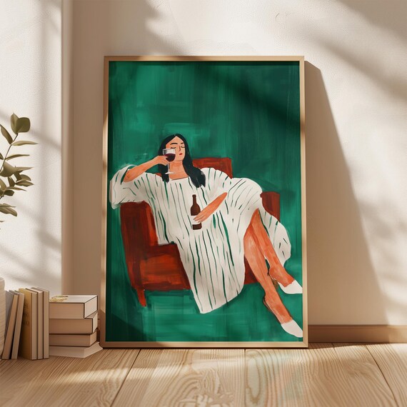 Minimalist Wine Lover Art Print, Modern Abstract Woman