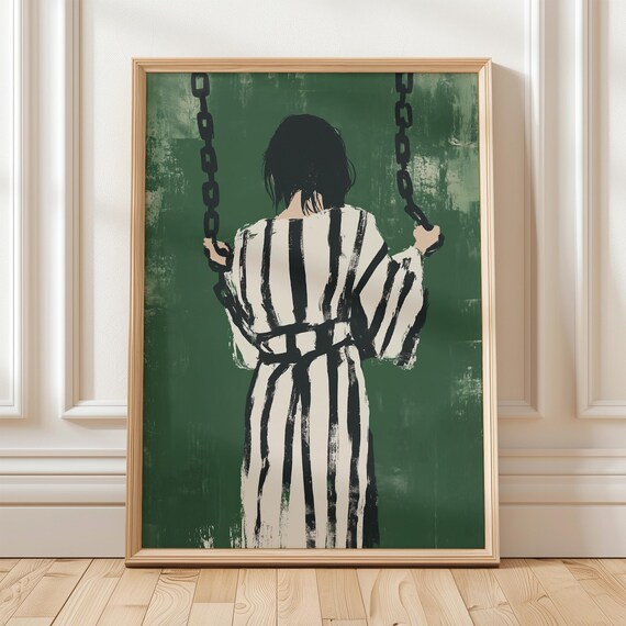 Woman On Swing In Stripes Emerald Green Abstract Portrait Poster