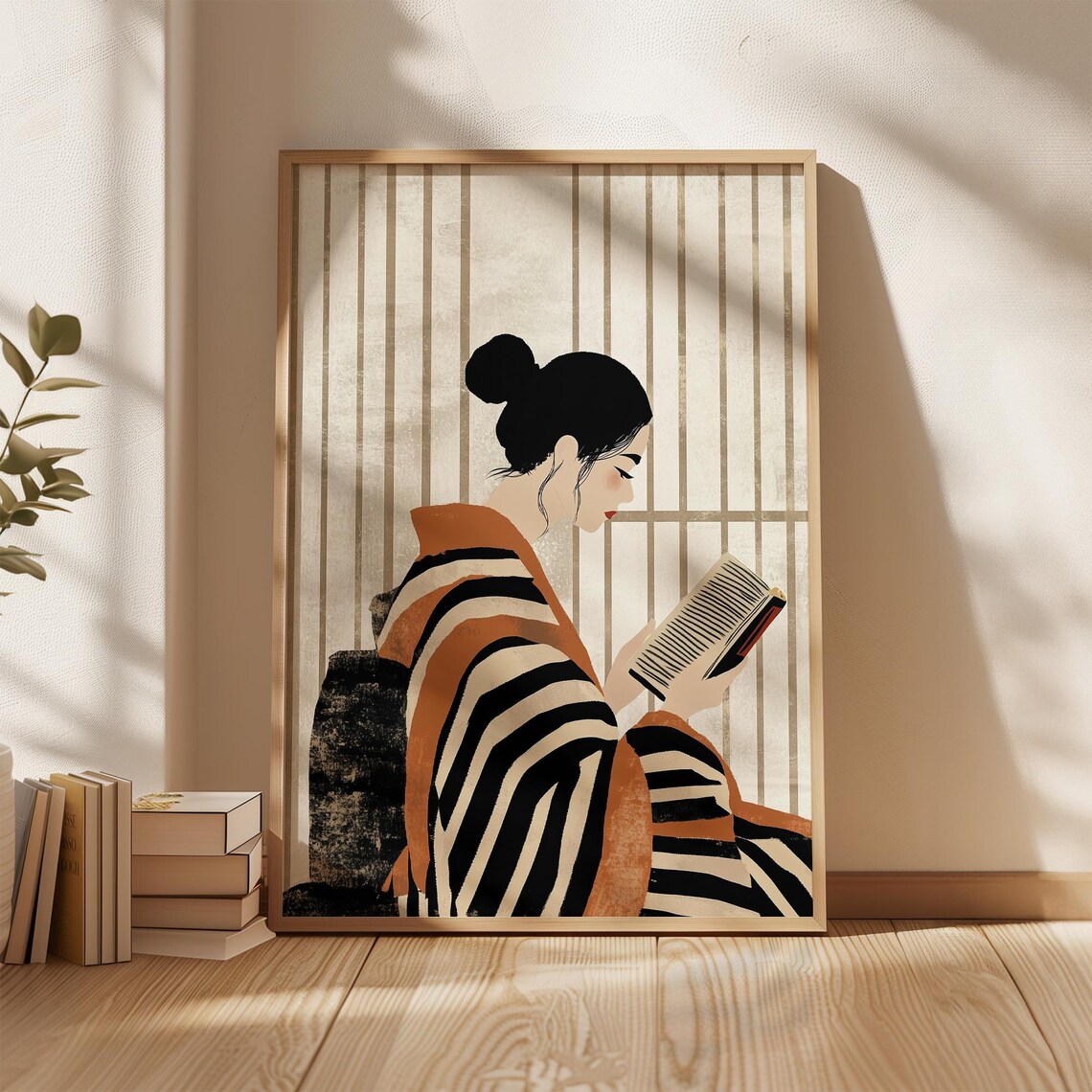 Woman Reading in Striped Kimono Robe Elegant Minimalist Book Poster - Image 2