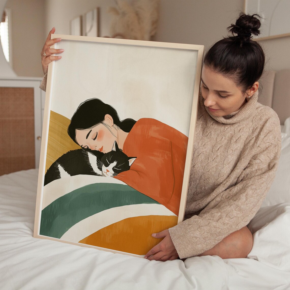 Woman Napping With Black and White Cat Cozy Illustration Poster - Image 5