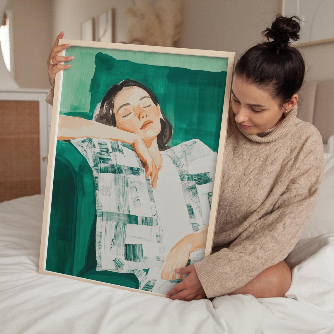 Tranquil Reclining Woman Green Minimalist Painting Art Poster - Image 3