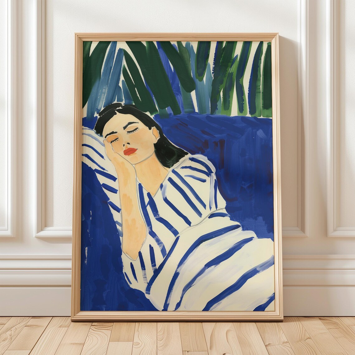 Resting Woman Wrapped in Stripes Cobalt Blue Floral Watercolor Poster