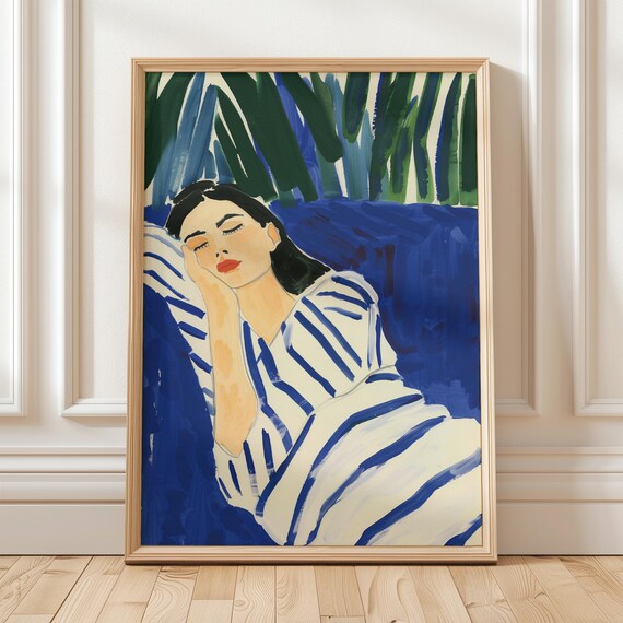 Resting Woman Wrapped in Stripes Cobalt Blue Floral Watercolor Poster