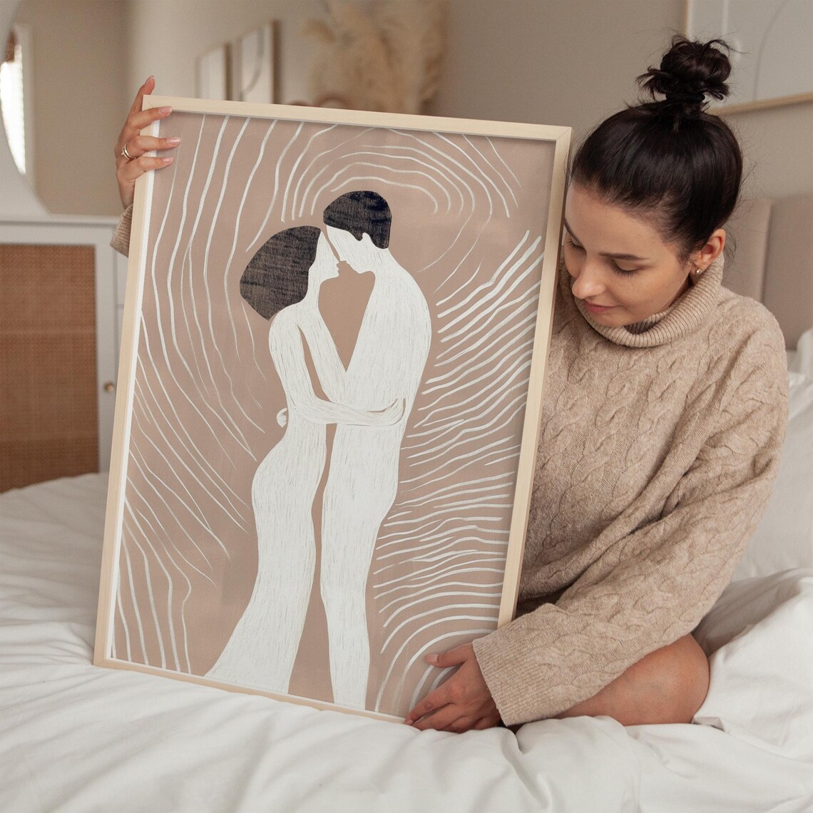 Minimalist Embracing Couple Beige Abstract Line Art Love Poster - Image 3