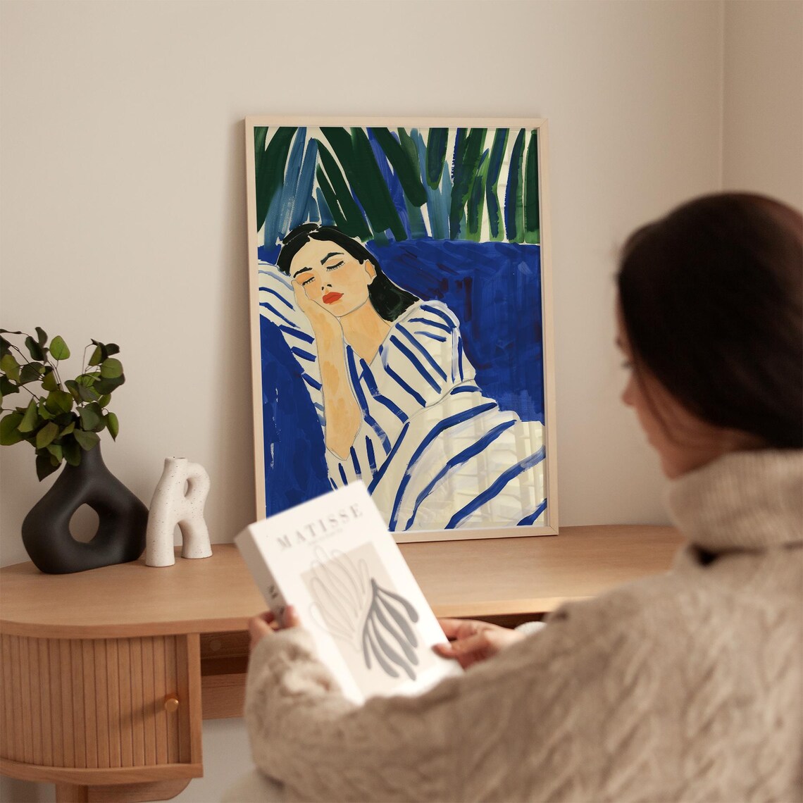 Resting Woman Wrapped in Stripes Cobalt Blue Floral Watercolor Poster - Image 4
