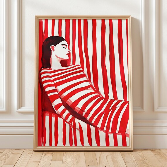 Woman in Red Striped Dress Bold Monochrome Abstract Female Poster