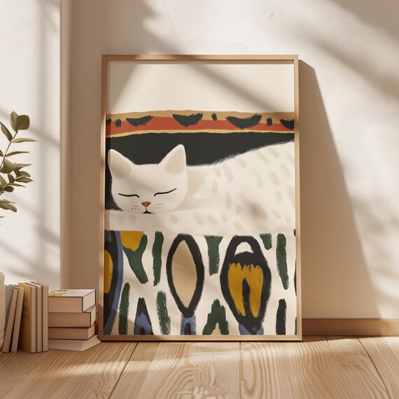 Minimalist Sleeping White Cat Patterned Wall Modern Art Poster