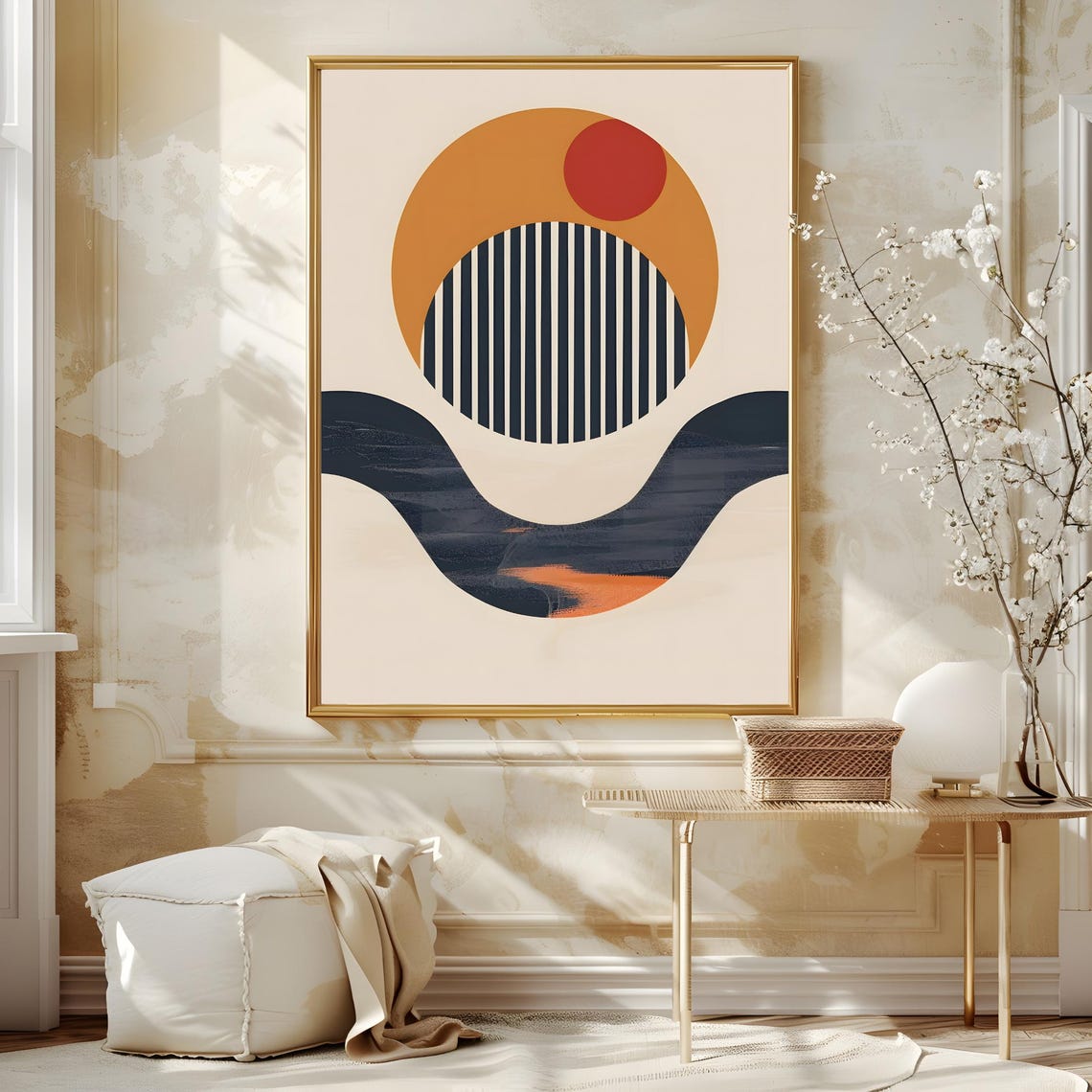 Mid Century Modern Mustard Sun Navy Stripes Wave Cream Poster - Image 3