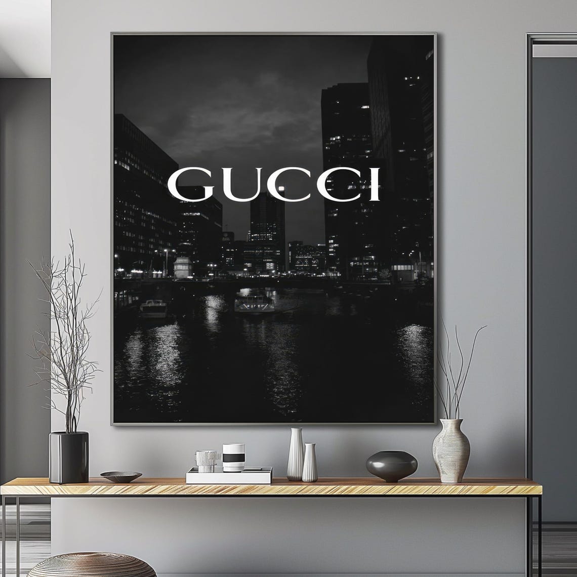 Gucci Black And White Night City Skyline Over Water Fashion Poster - Image 5