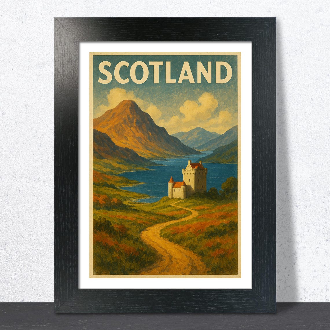 Scotland Vintage Travel Poster Castle by the Loch Golden Landscape
