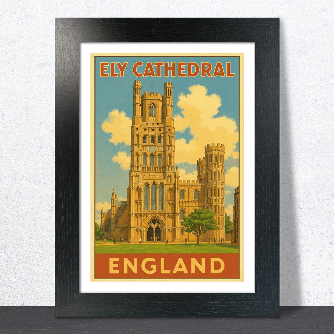 Ely Cathedral England Historic Norman Tower Vintage Travel Poster