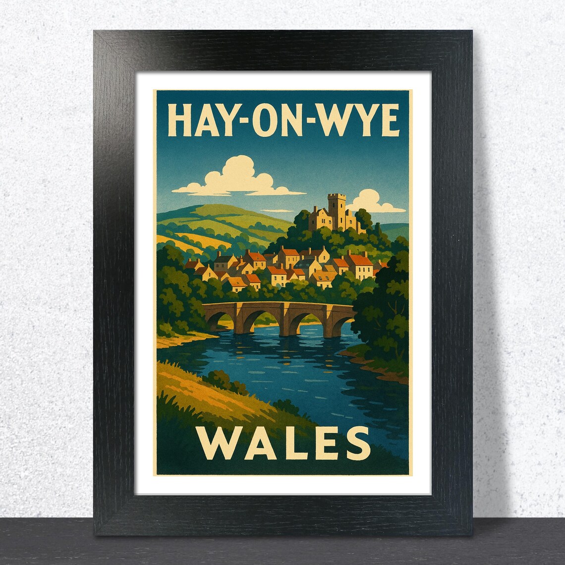 Hay-On-Wye Wales Riverside Stone Bridge Vintage Railway Travel Poster