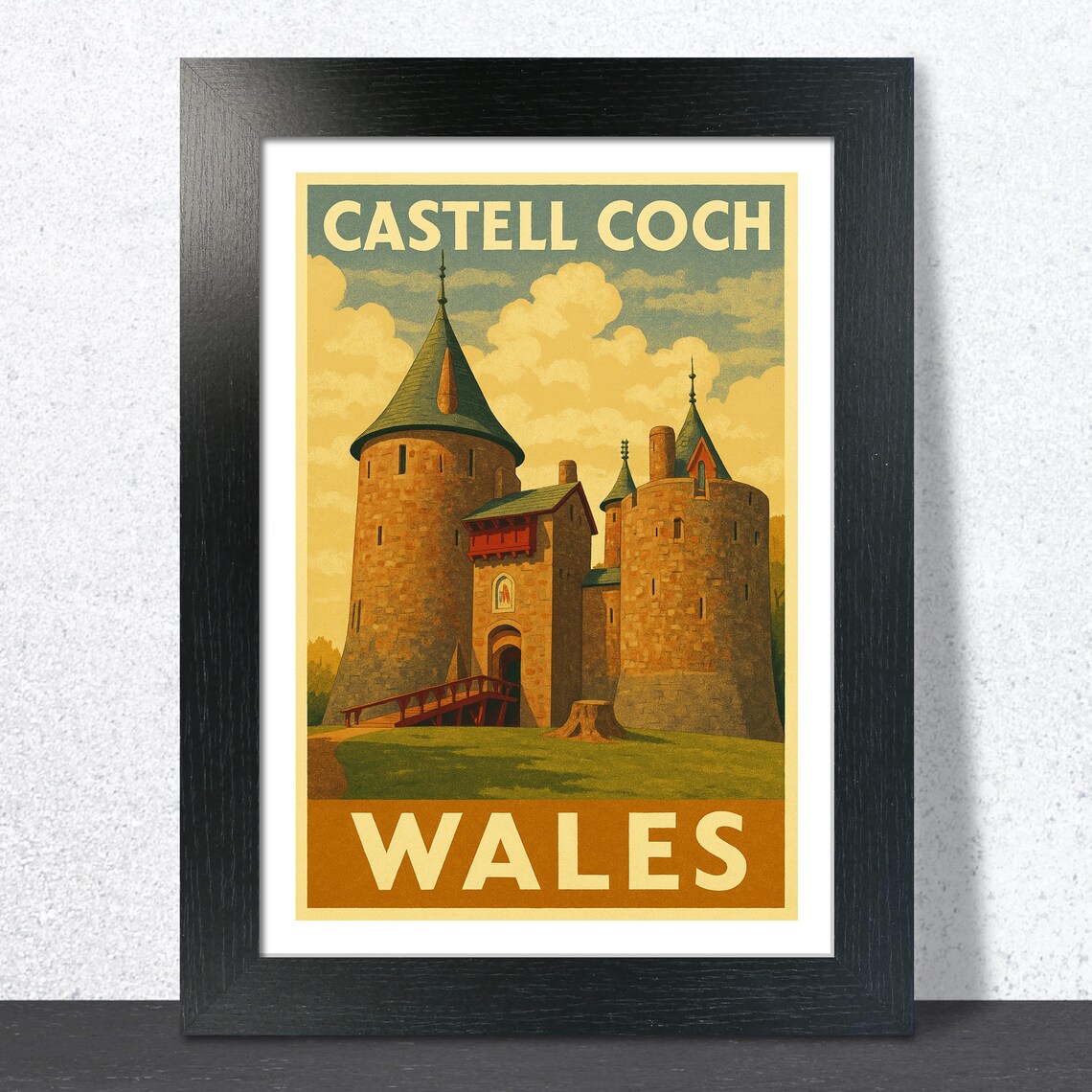 Castell Coch Wales Vintage Travel Print Golden Sky Castle View Art