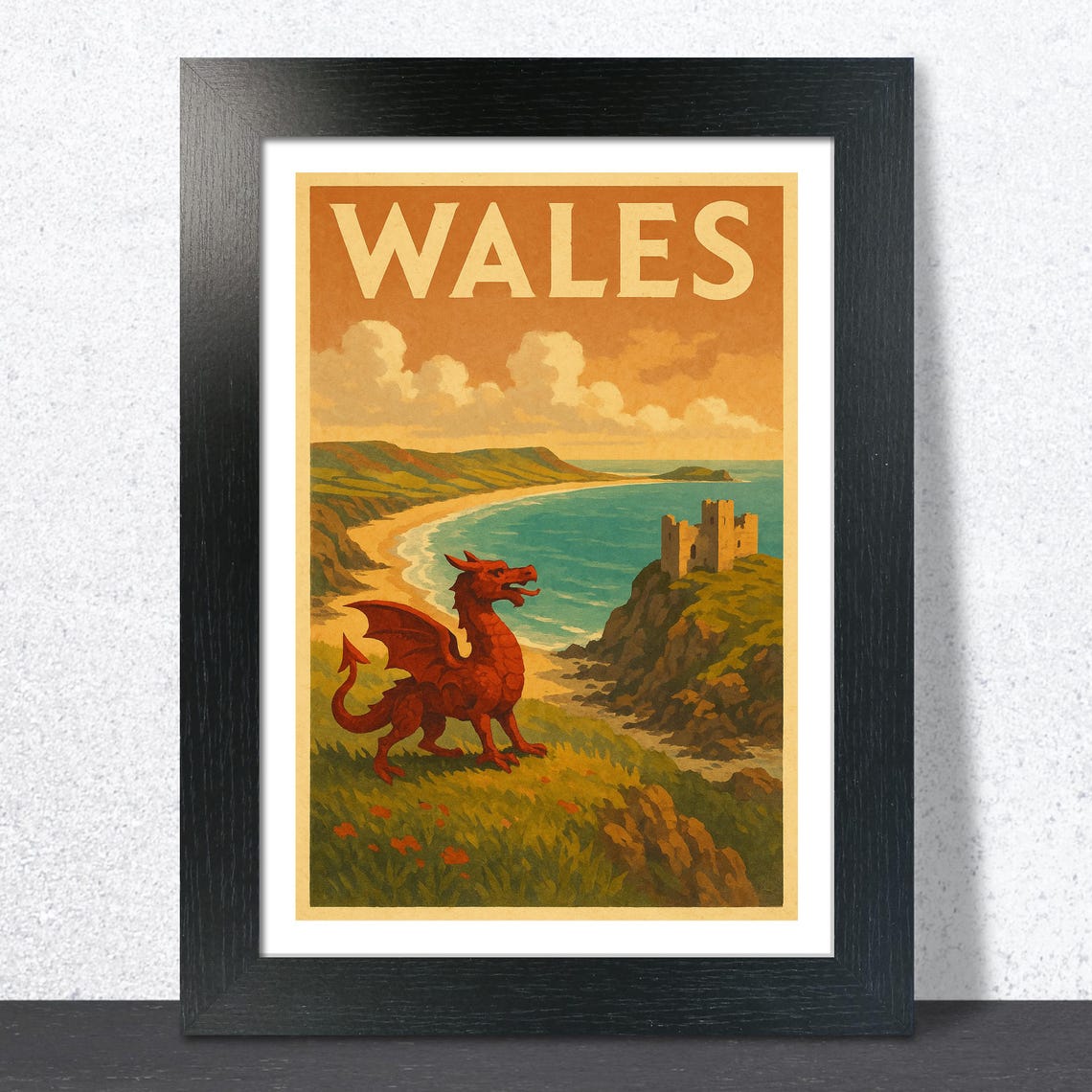 Wales Vintage Travel Poster Red Dragon Coastal Castle Sunset View