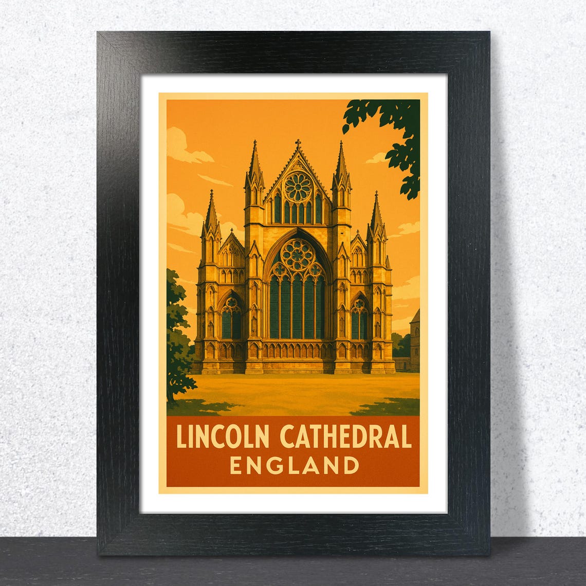 Lincoln Cathedral England Sunset Glow Facade Vintage Travel Poster