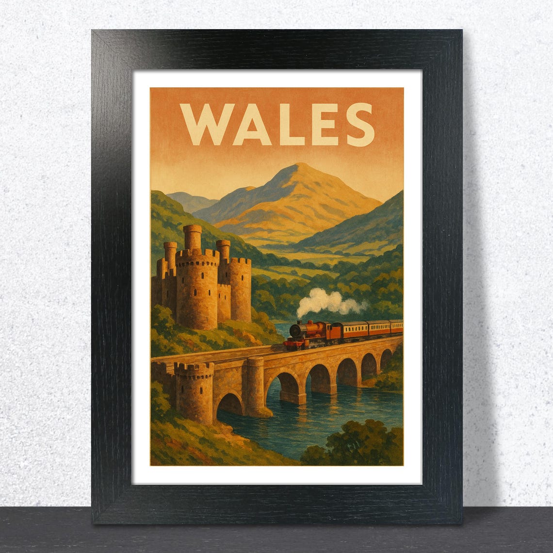 Wales Castle Steam Train Vintage Travel Poster with Viaduct Art