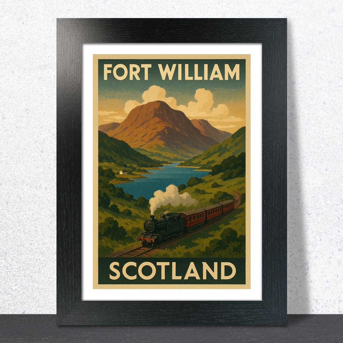 Fort William Scotland Travel Poster Steam Train Mountain Lake View