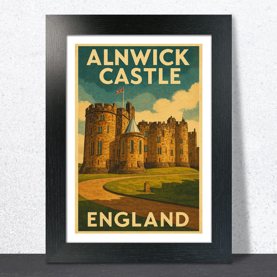 Alnwick Castle England Teal Sky Castle View Vintage Travel Poster