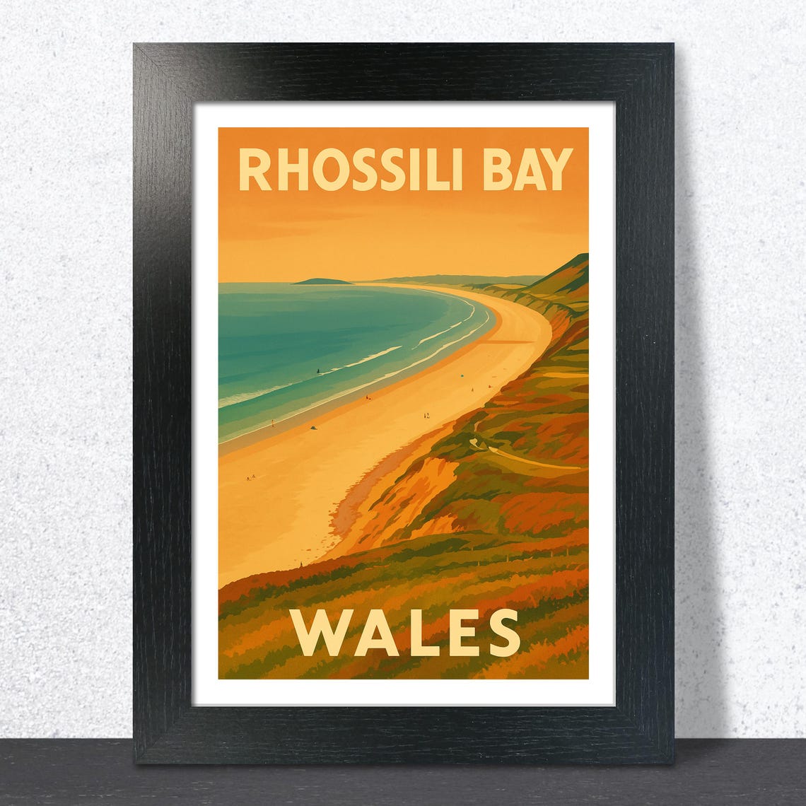 Rhossili Bay Wales Sunset Beach Curved Shoreline Vintage Poster