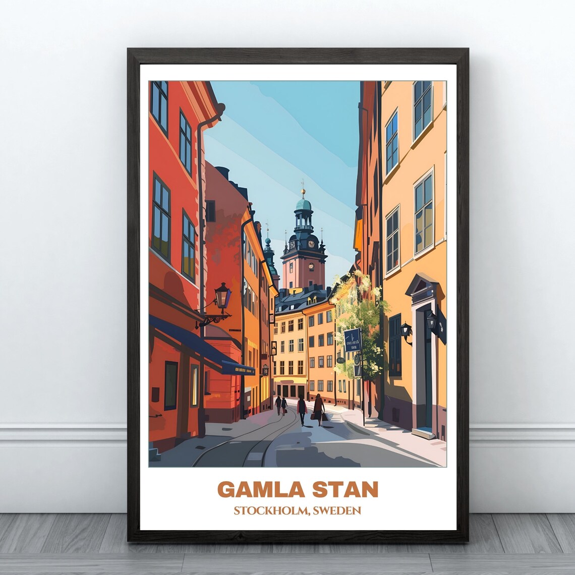 Gamla Stan Stockholm Narrow Cobblestone Street Church Tower Poster