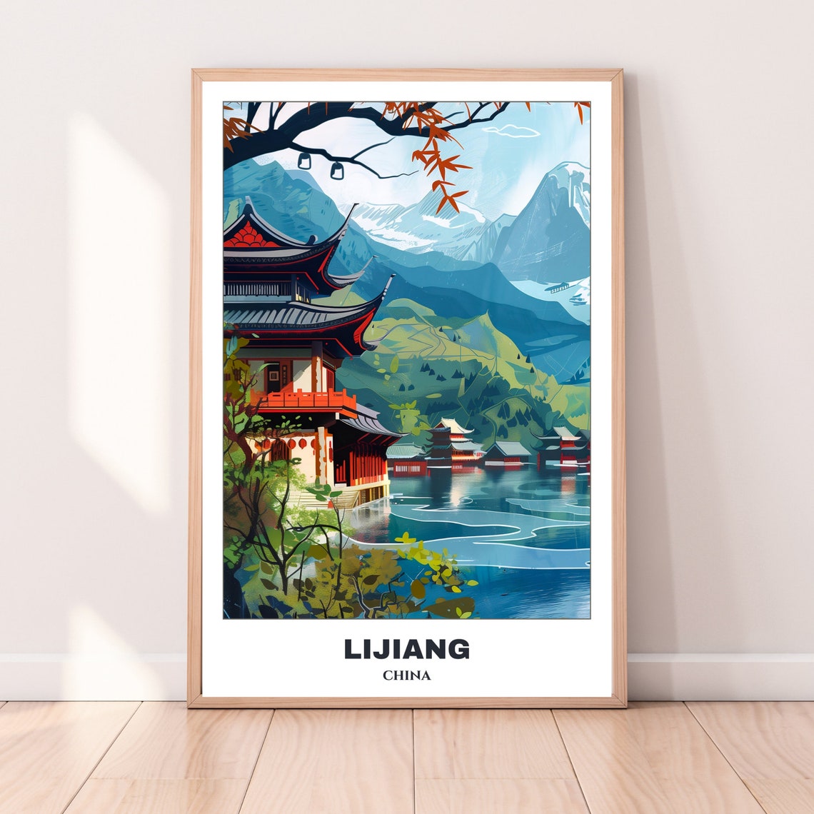 Lijiang Lakeside Temple Pavilion Snow Mountains Tranquil Poster - Image 4