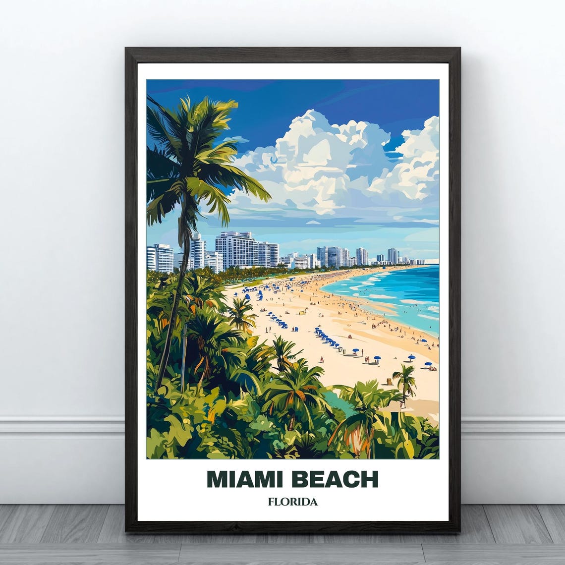 Miami Beach Aerial Sand Umbrellas Palm Trees Coastline Poster