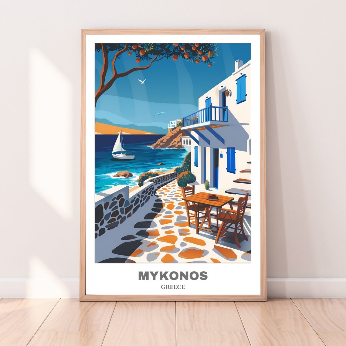 Mykonos Greece White Blue Houses Sailboat Harbor Travel Poster - Image 4