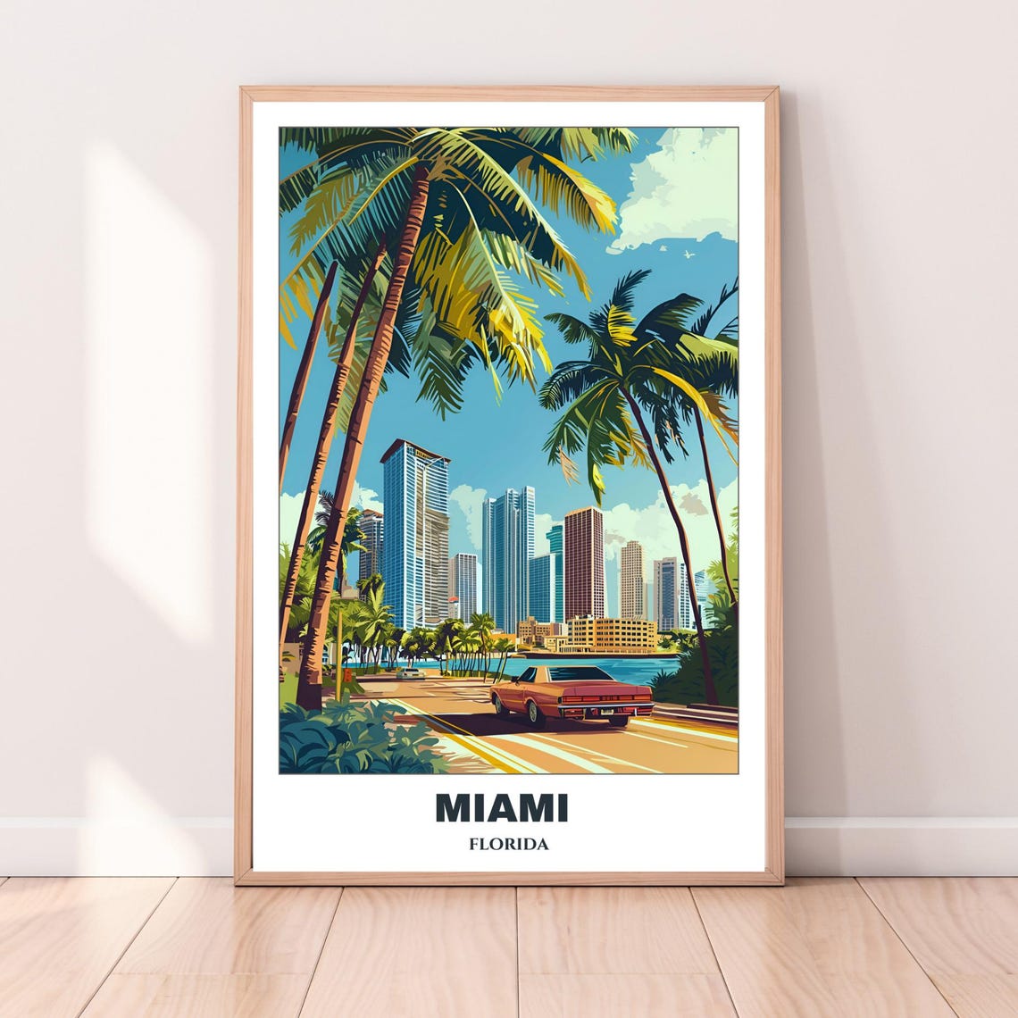 Miami Biscayne Bay Drive Classic Car Palm Trees Skyline Poster - Image 4