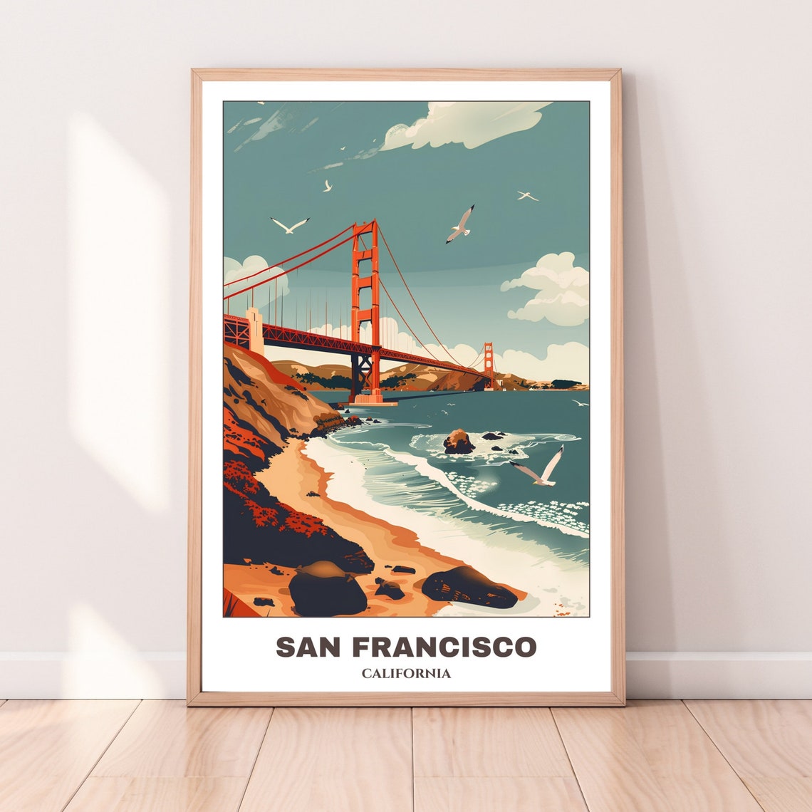 San Francisco Golden Gate Bridge Beach Vintage Style Travel Poster - Image 4
