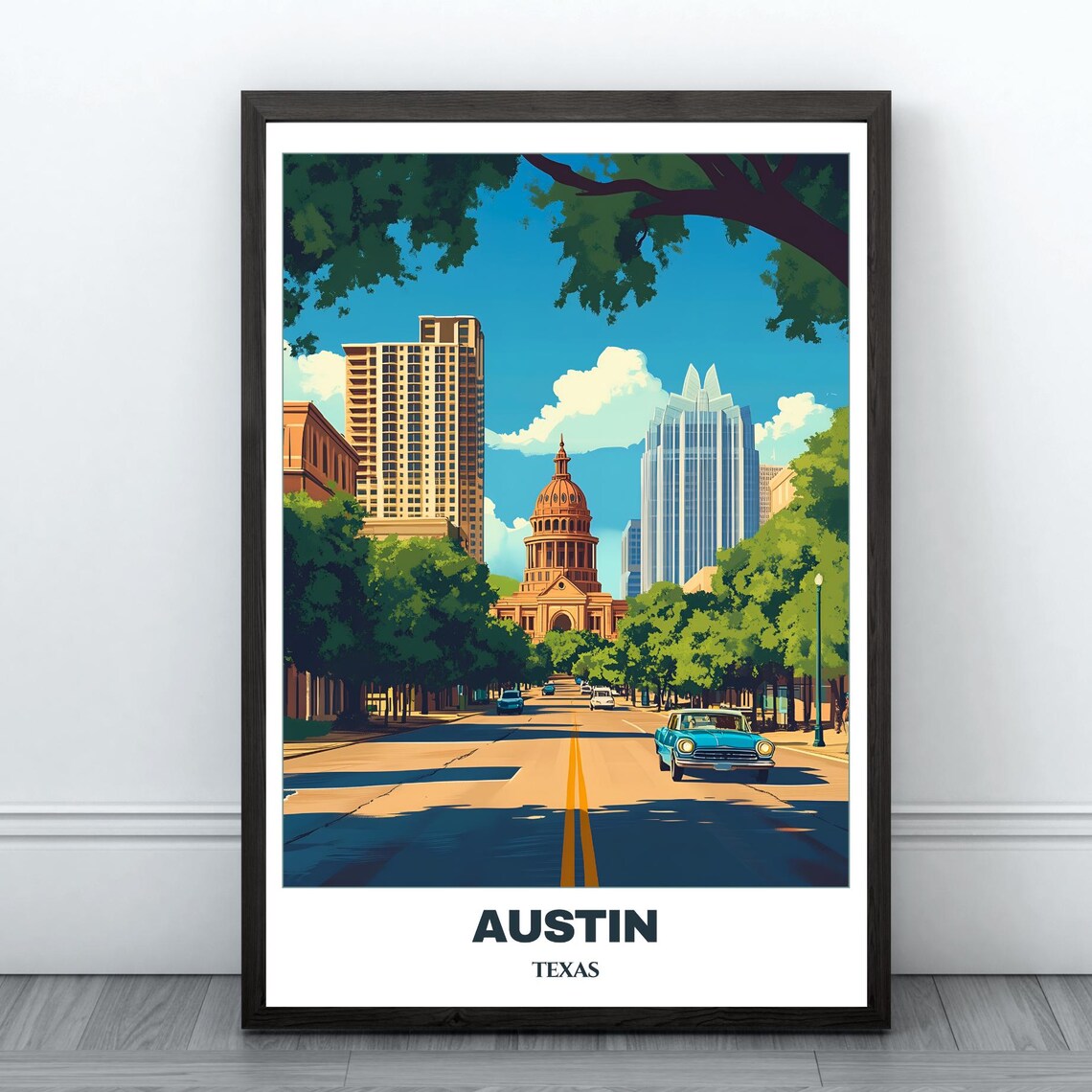 Austin Congress Avenue Texas State Capitol Classic Car Poster