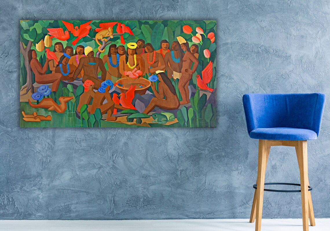 Jungle Ceremony Gathering Tropical Mural Style Bold Color Art Poster - Image 2