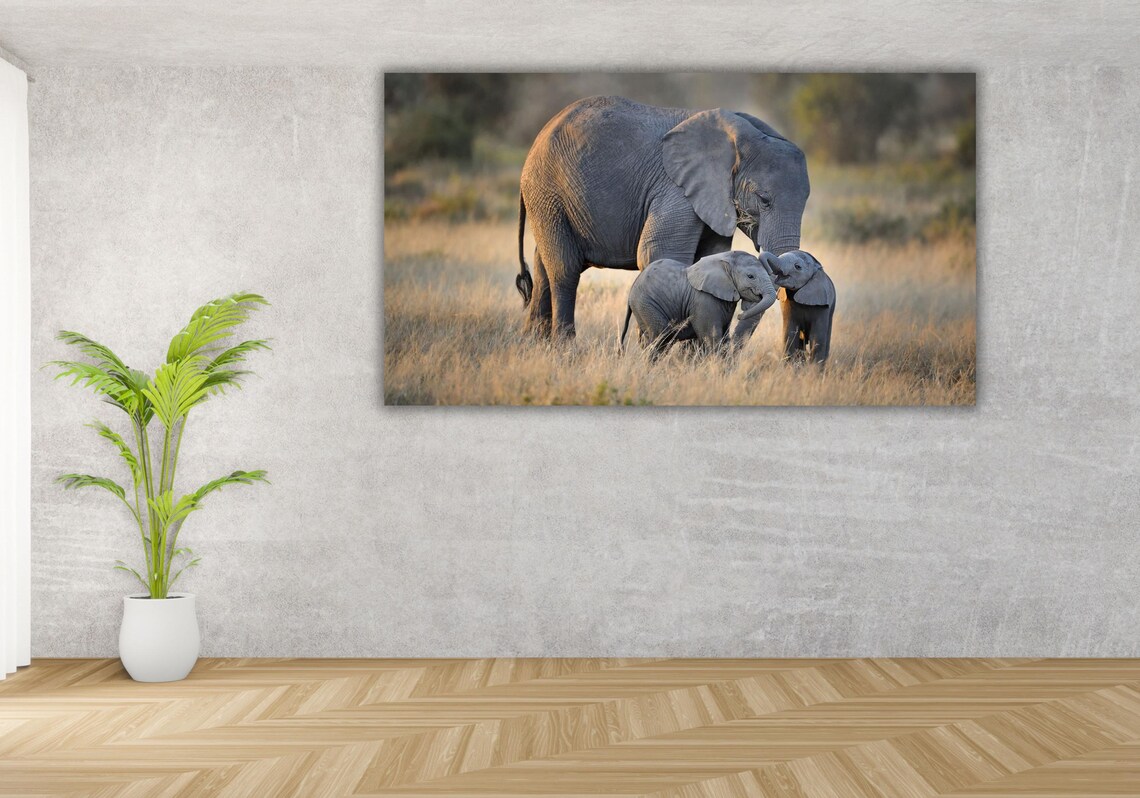Elephant Mother with Two Calves African Savanna Wildlife Photo Poster - Image 3