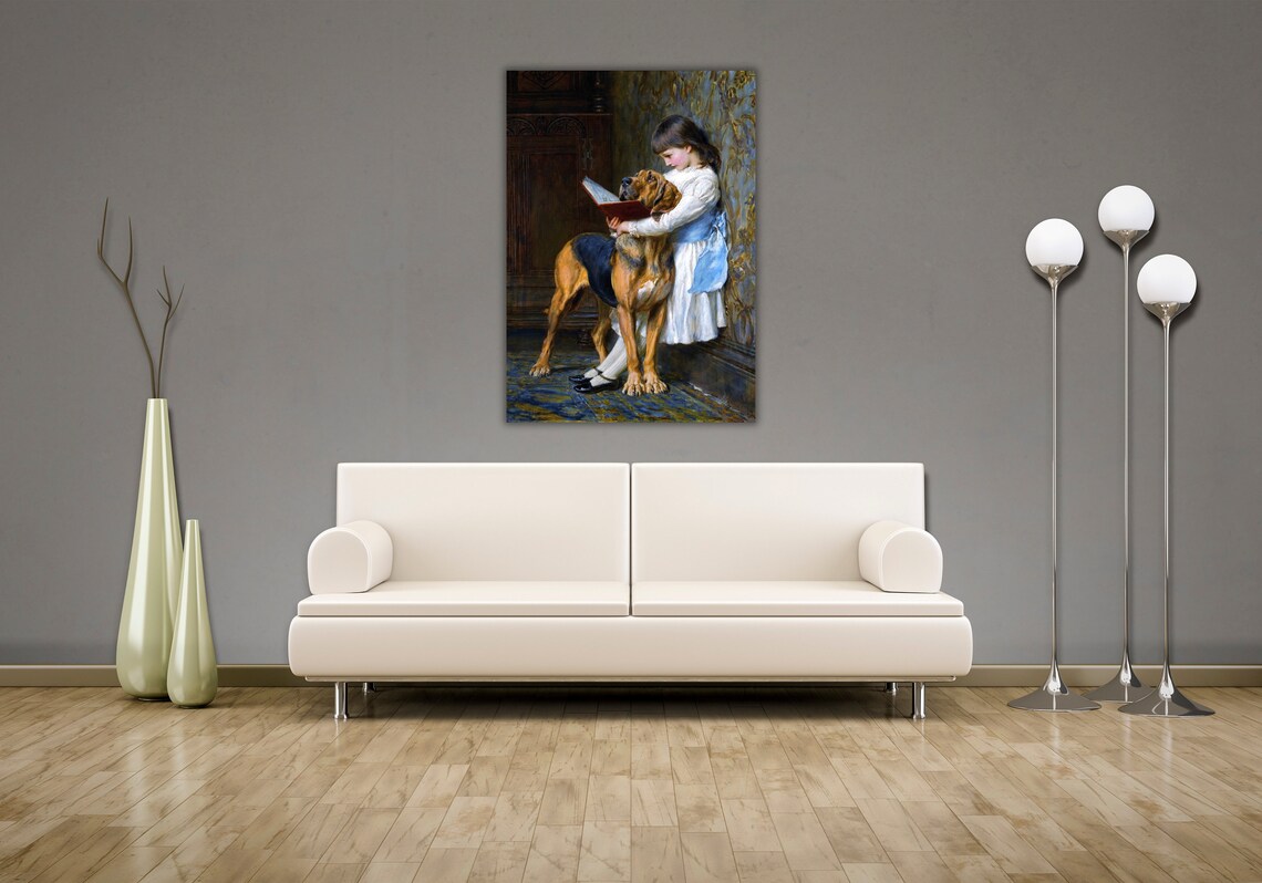 Classic Victorian Girl Reading Book to Bloodhound Dog Art Poster - Image 2
