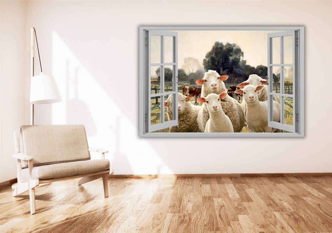 Sheep and Lambs Looking Through Open Window 3D Farm Animal Poster - Image 3