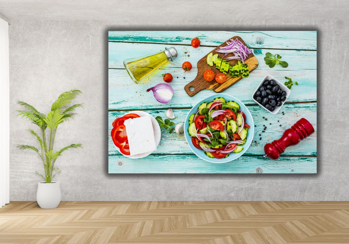 Fresh Greek Salad Bowl Ingredients Rustic Kitchen Wall Poster - Image 3