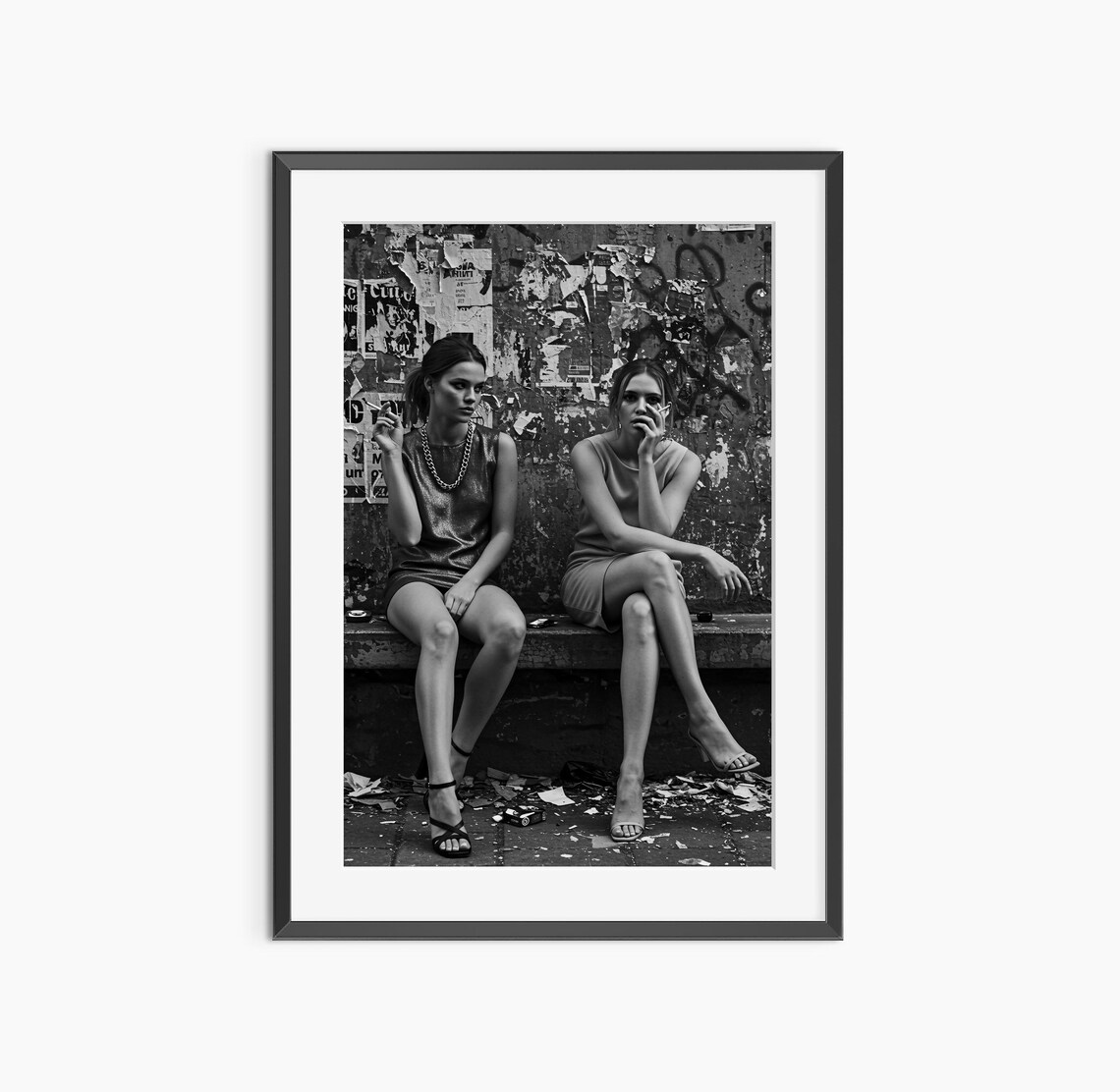Two Fashion Models on Street Bench Editorial Black White Photo Poster