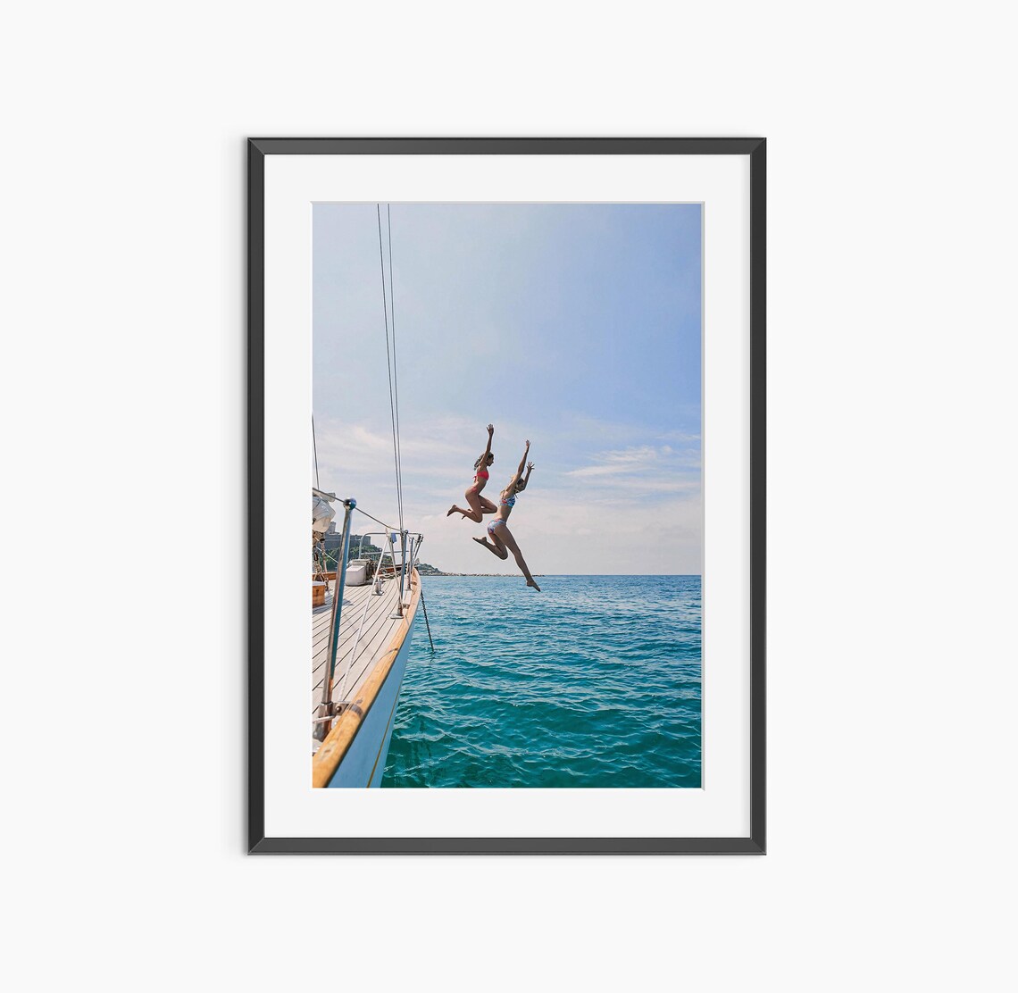 Girls Jumping Sailboat Ocean Summer Coastal Photography Wall Art