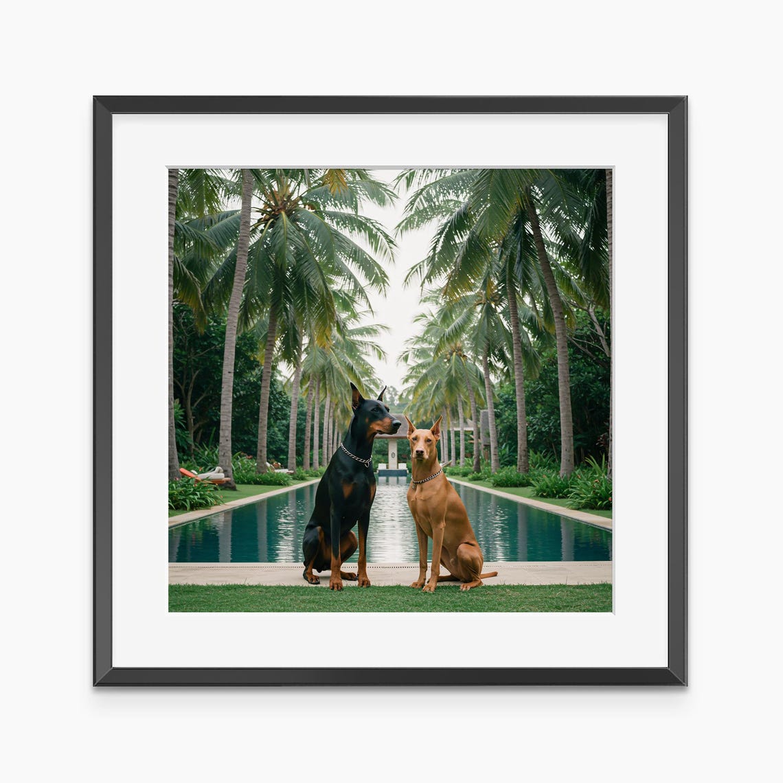 Elegant Doberman Pair By Palm Lined Pool Dog Photography Print