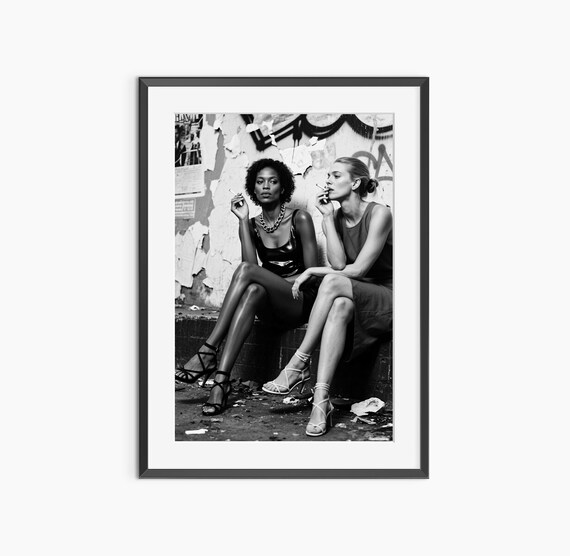 Fashion Models Posing by Graffiti Wall Edgy Black White Photo Poster