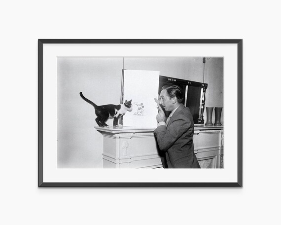 Benjamin Yeager with Cat and Mickey Mouse Sketch 1931 Vintage Photo Poster