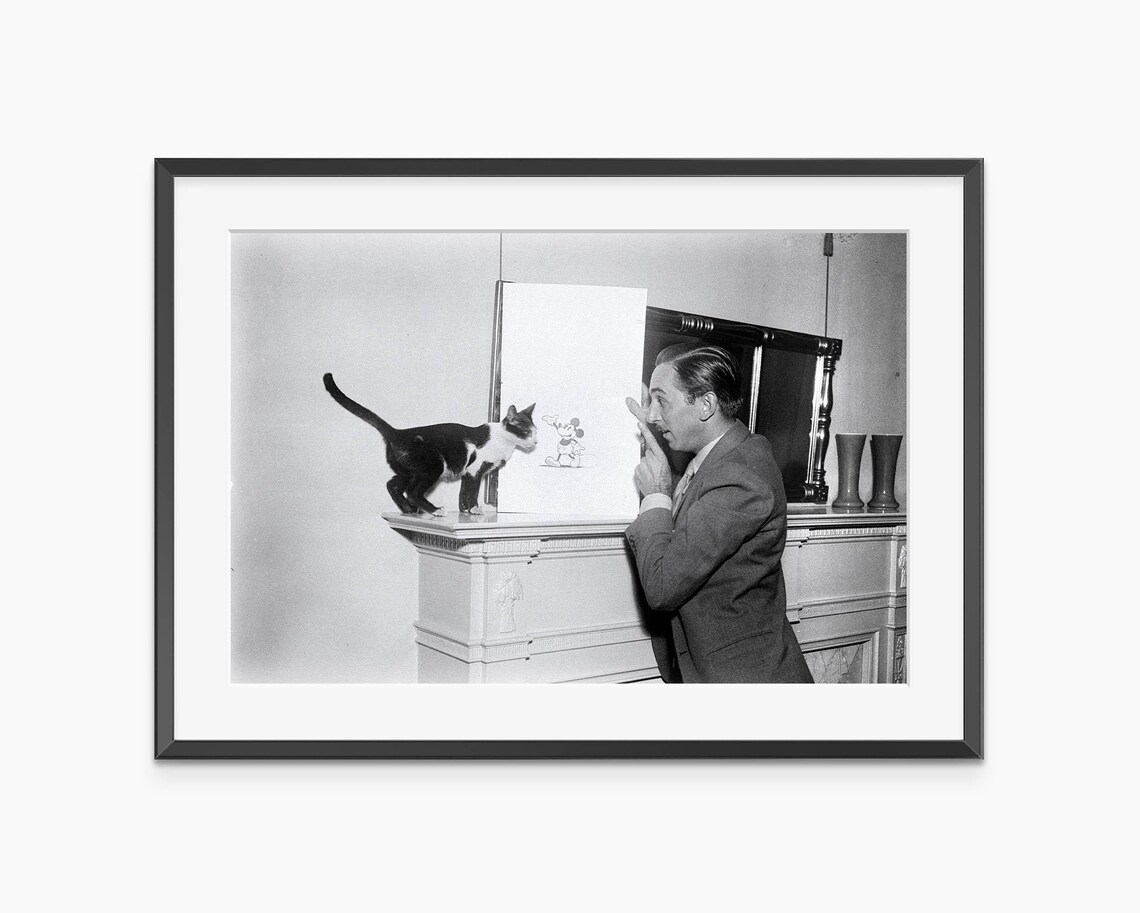 Benjamin Yeager with Cat and Mickey Mouse Sketch 1931 Vintage Photo Poster