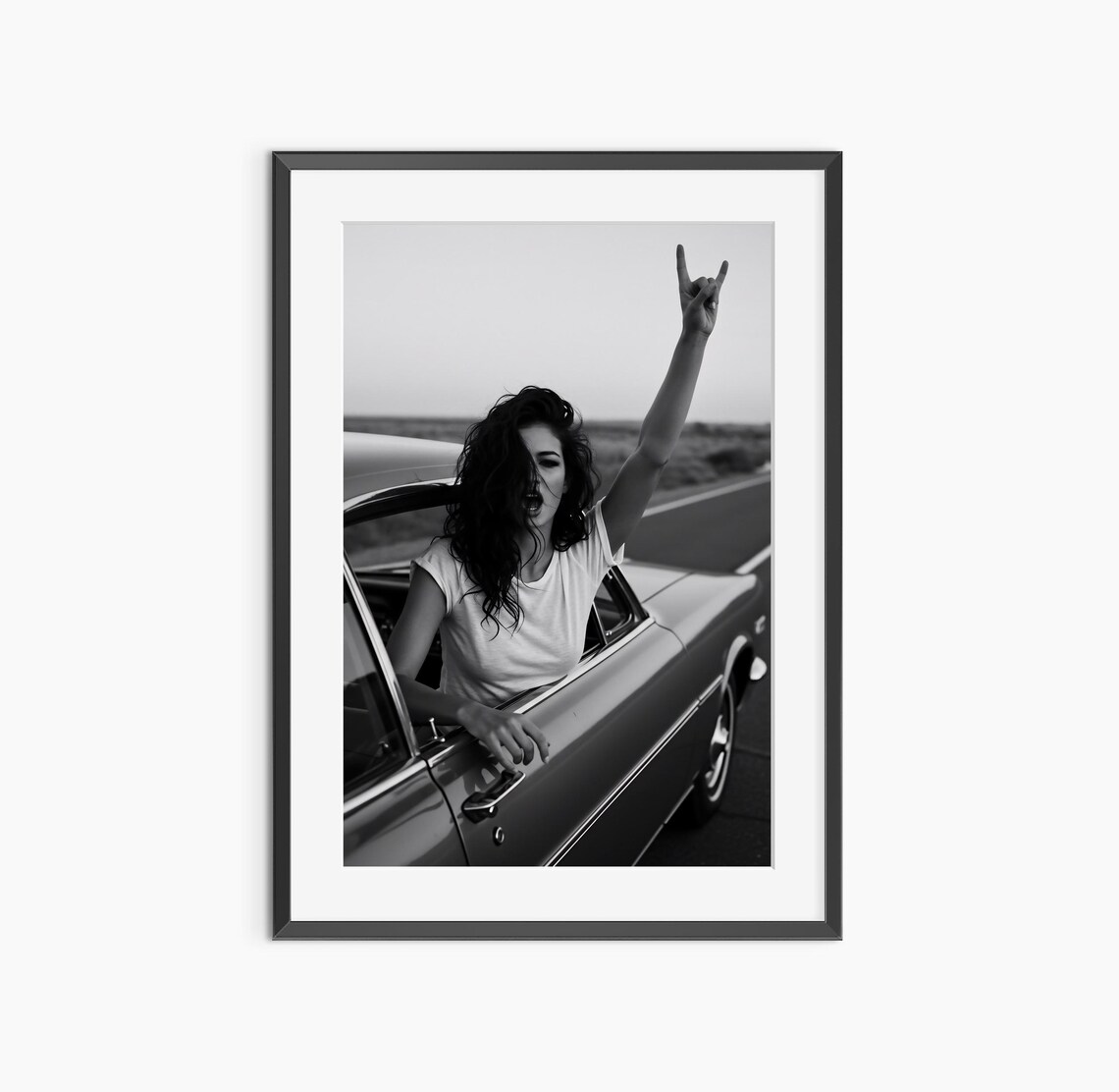 Rock And Roll Sign Of The Horns Woman Classic Car Photo Print
