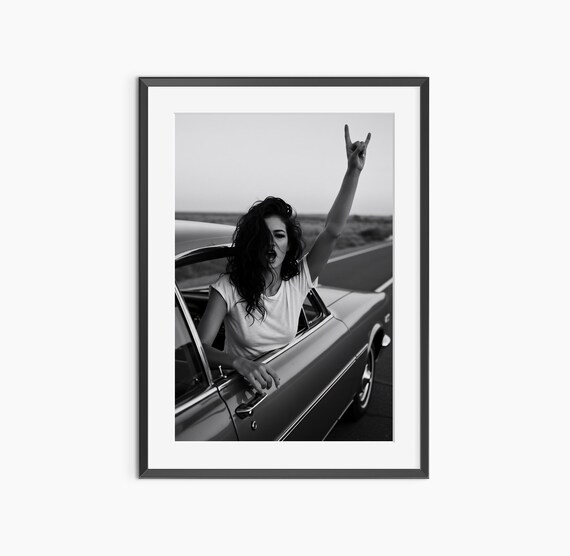 Rock And Roll Sign Of The Horns Woman Classic Car Photo Print