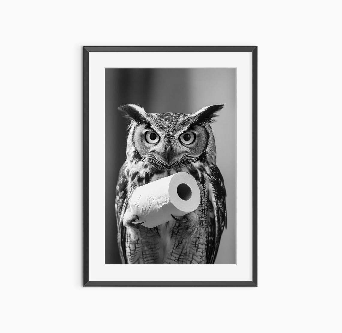 Funny Owl Holding Toilet Paper Roll Black and White Photo Poster